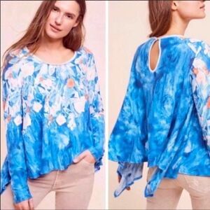 Anthropologie Meadow Rue Floral Watercolor Linen Top Scarf Hem Blue Orange S